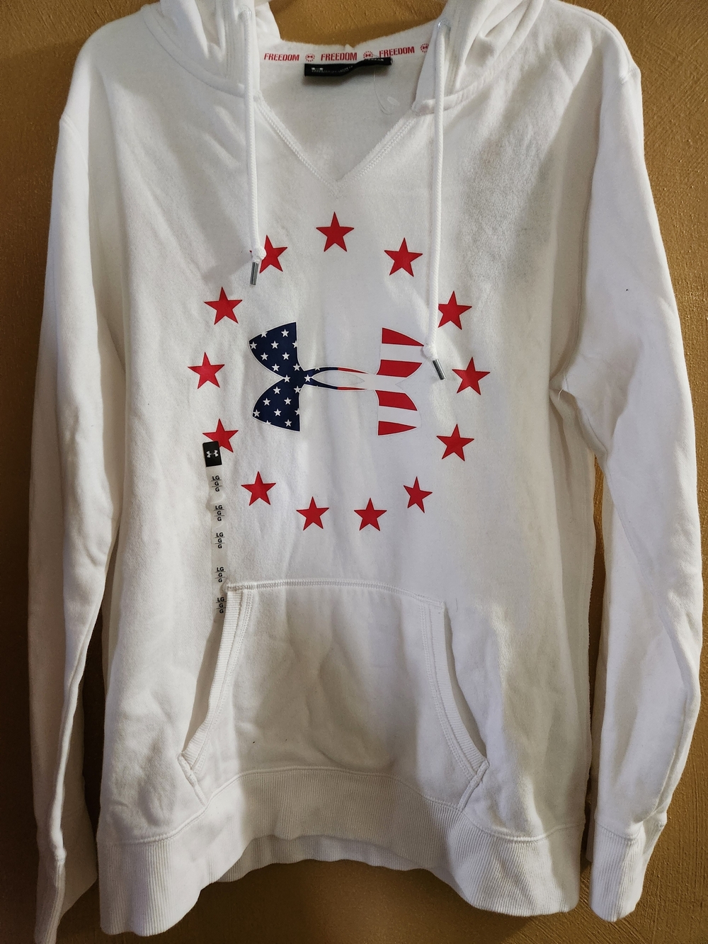 Under Armour White Crewneck Sweatshirt with Red Stars and Blue Flag Logo